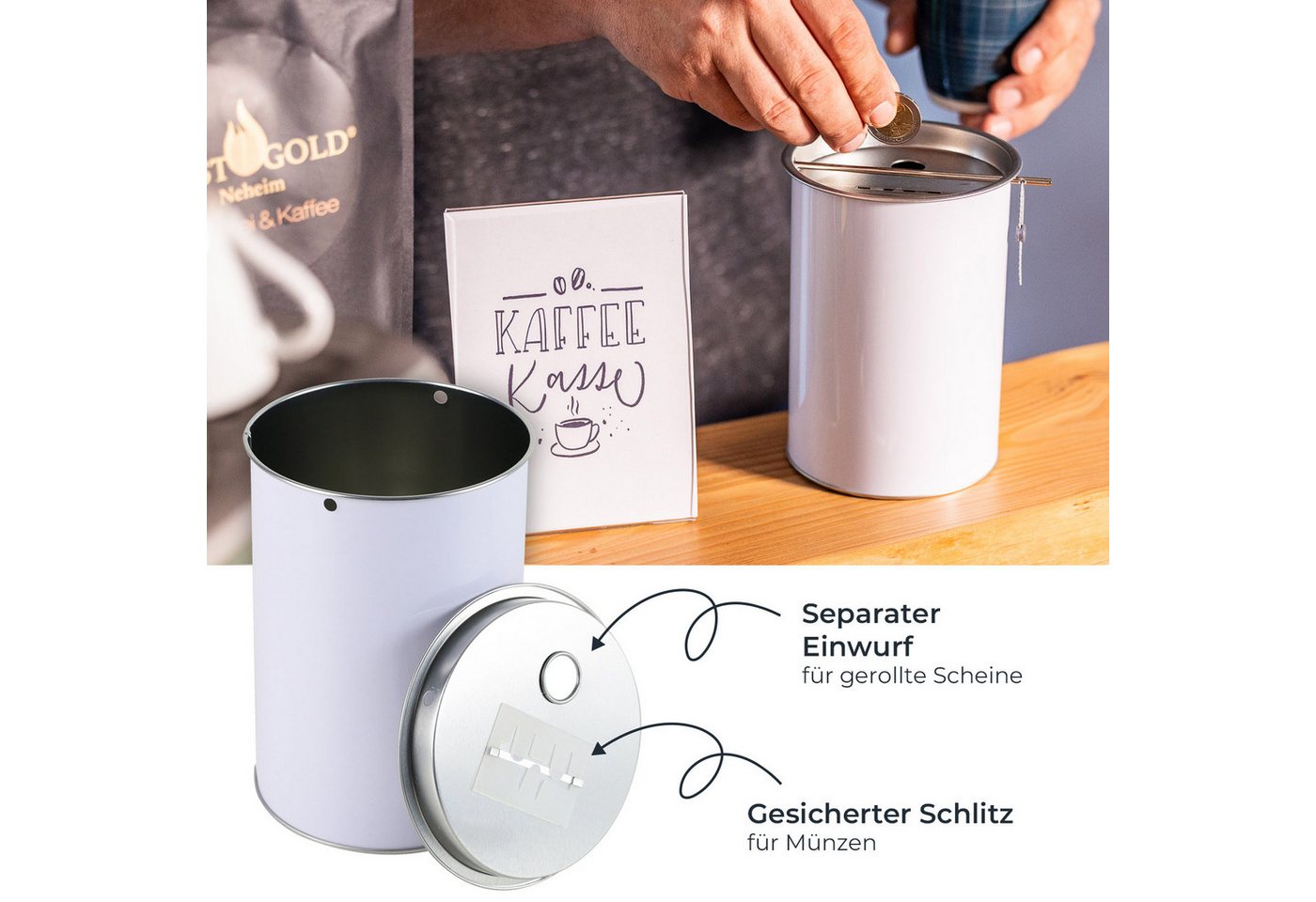 HMF Spardose Spendendose 10,0 cm Ø, 14,5 cm hoch ohne Griff, (1-tlg), für Spendensammlungen, inkl. Zubehör – Bild 3 von 5