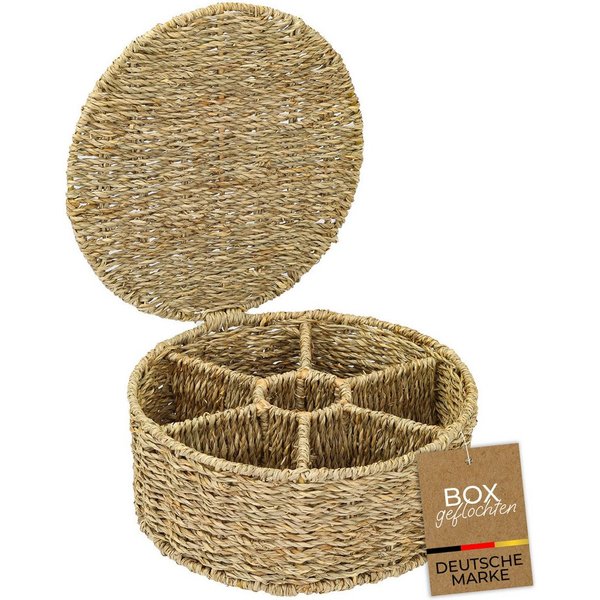 HMF Teebox Teebox aus Seegras mit 7 Fächern, Aufbewahrung von Teebeuteln, Seegras, Aufbewahrungskorb als Organizer für Küche, Bad Wohnbereich, ø 27x11 cm