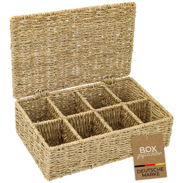 HMF Teebox Teebox aus Seegras mit 8 Fächern, Aufbewahrung von Teebeuteln, Seegras, Aufbewahrungskorb als Organizer für Küche, Bad Wohnbereich 33x21x10 cm