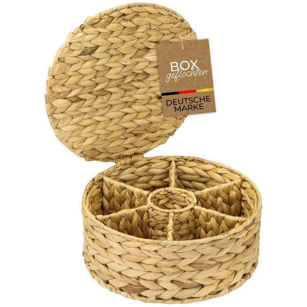 HMF Teebox Teebox aus Wasserhyazinthe mit 7 Fächern, Aufbewahrung von Teebeuteln, Wasserhyazinthe, Aufbewahrungskorb als Organizer für Küche, Bad Wohnbereich, ø