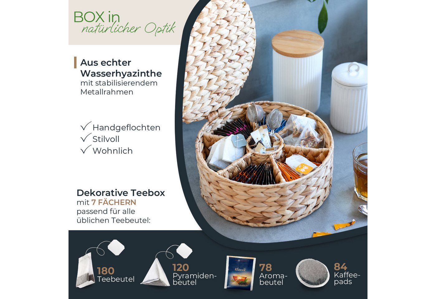 HMF Teebox Teebox aus Wasserhyazinthe mit 7 Fächern, Aufbewahrung von Teebeuteln, Wasserhyazinthe, Aufbewahrungskorb als Organizer für Küche, Bad Wohnbereich, ø – Bild 3 von 5