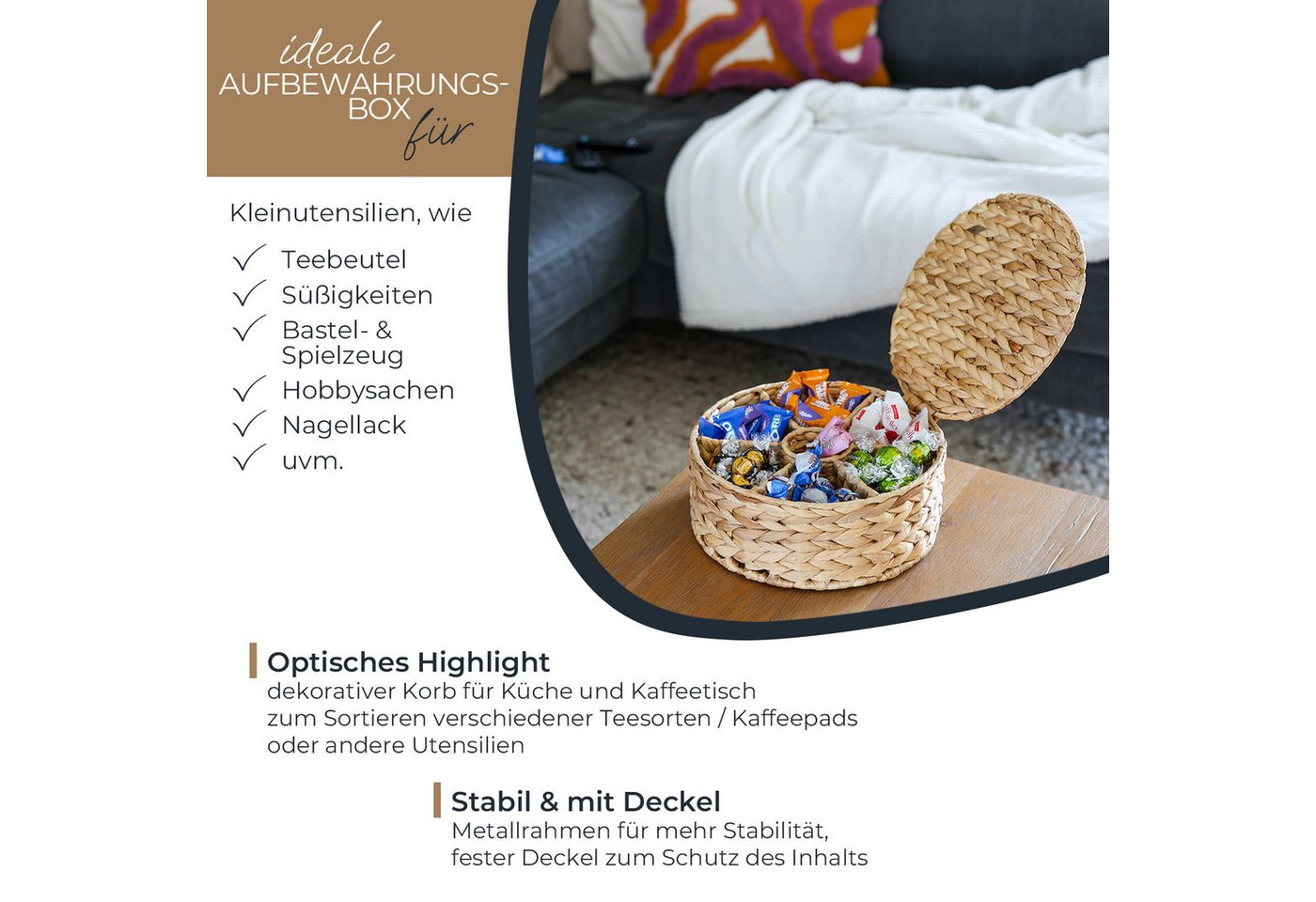 HMF Teebox Teebox aus Wasserhyazinthe mit 7 Fächern, Aufbewahrung von Teebeuteln, Wasserhyazinthe, Aufbewahrungskorb als Organizer für Küche, Bad Wohnbereich, ø – Bild 4 von 5