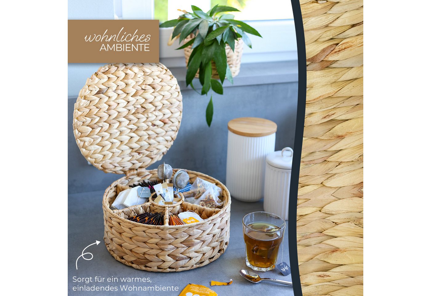 HMF Teebox Teebox aus Wasserhyazinthe mit 7 Fächern, Aufbewahrung von Teebeuteln, Wasserhyazinthe, Aufbewahrungskorb als Organizer für Küche, Bad Wohnbereich, ø – Bild 5 von 5