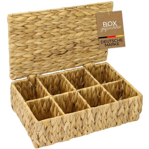 HMF Teebox Teebox aus Wasserhyazinthe mit 8 Fächern, Aufbewahrung von Teebeuteln, Wasserhyazinthe, Aufbewahrungskorb als Organizer für Küche Bad Wohnbereich 33x