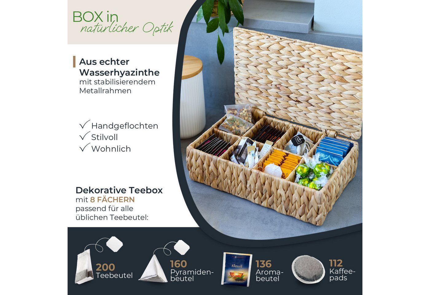 HMF Teebox Teebox aus Wasserhyazinthe mit 8 Fächern, Aufbewahrung von Teebeuteln, Wasserhyazinthe, Aufbewahrungskorb als Organizer für Küche Bad Wohnbereich 33x – Bild 2 von 5