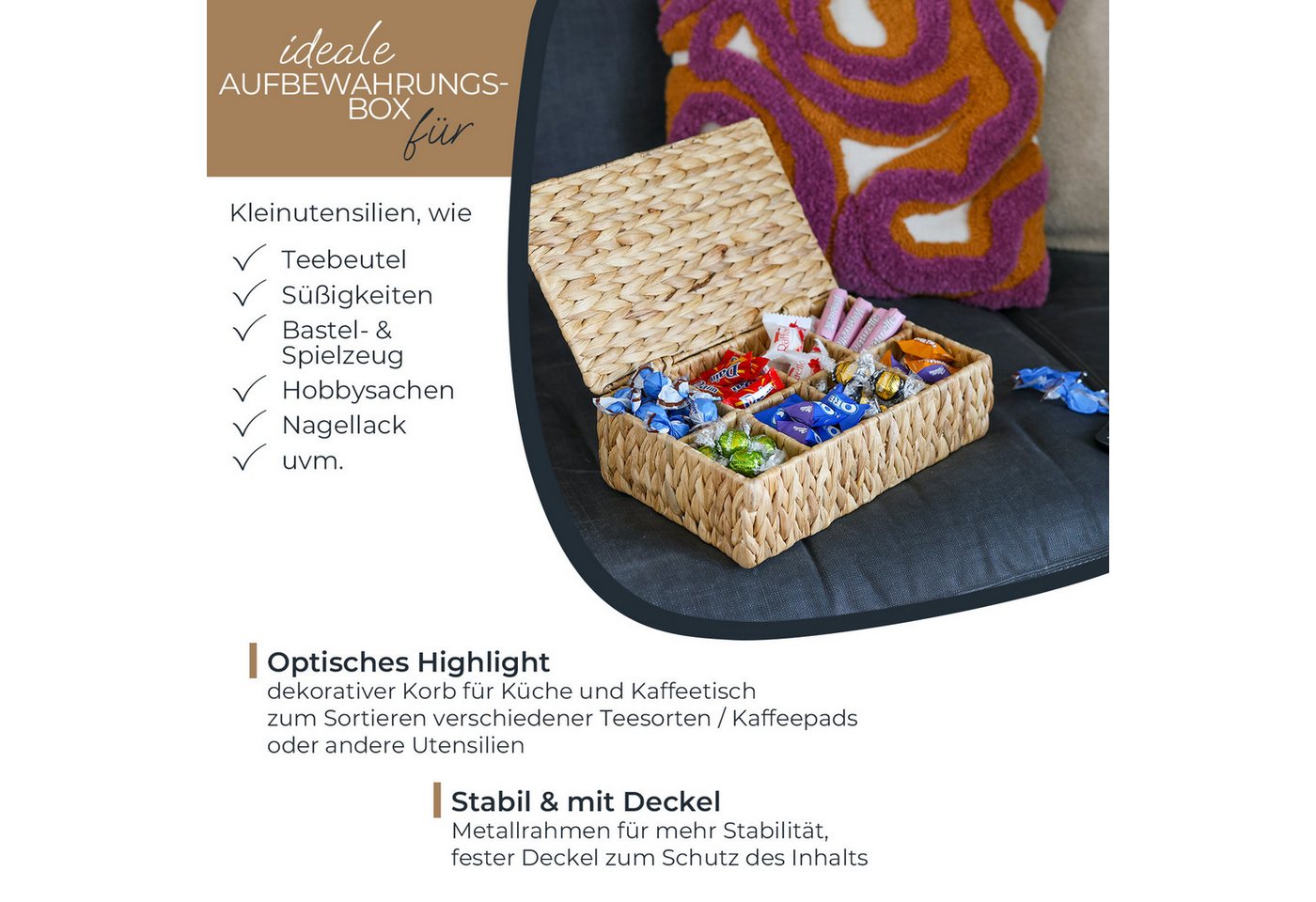 HMF Teebox Teebox aus Wasserhyazinthe mit 8 Fächern, Aufbewahrung von Teebeuteln, Wasserhyazinthe, Aufbewahrungskorb als Organizer für Küche Bad Wohnbereich 33x – Bild 3 von 5