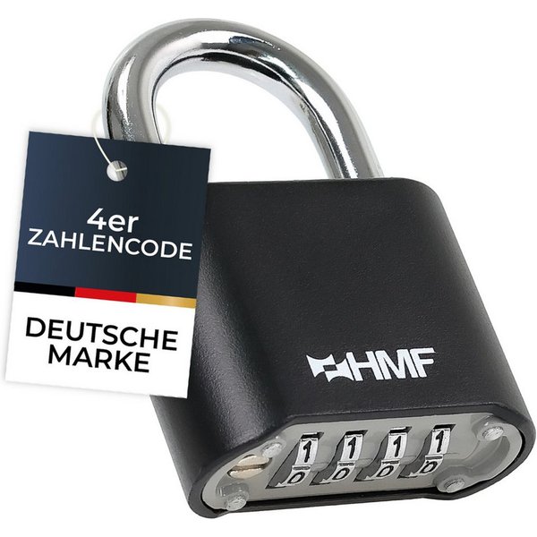 HMF Vorhängeschloss Zahlenschloss Vorhängeschloss, robustes Schloss mit 4-stelligem, Zahlencode aus Zinklegierung, 5,3 x 2,4 x 7,8 cm, Schwarz