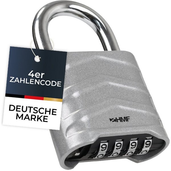 HMF Vorhängeschloss Zahlenschloss Vorhängeschloss, Schloss mit 4-stelligem Zahlencode, aus Aluminiumlegierung, 5,6 x 2,6 x 8,7 cm, Silber
