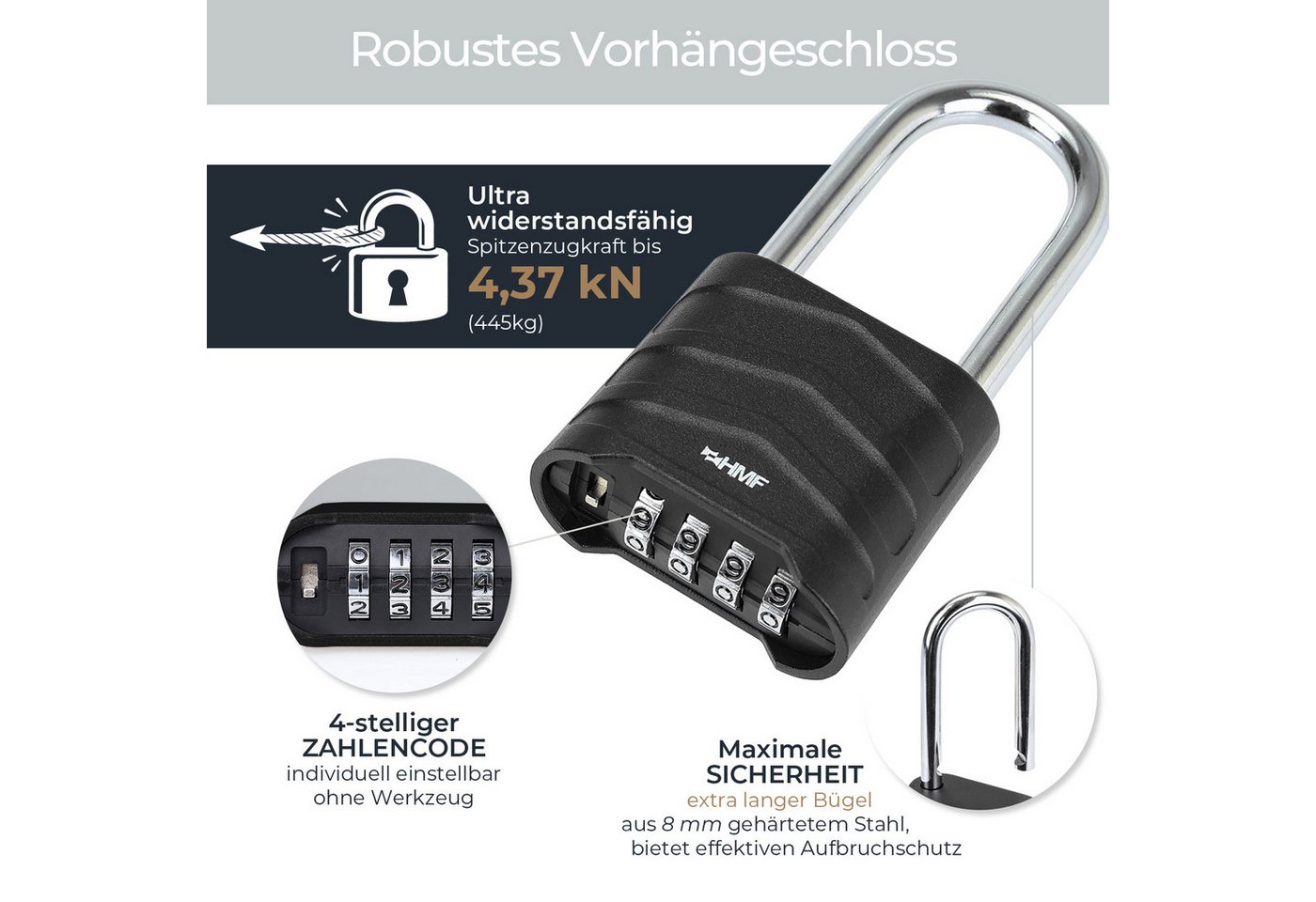 HMF Vorhängeschloss Zahlenschloss Vorhängeschloss mit hohem Bügel, robustes Schloss mit, 4-stelligem Zahlencode Aluminiumlegierung, 5,6 x 2,6 x 11,7 cm Schwarz – Bild 2 von 5