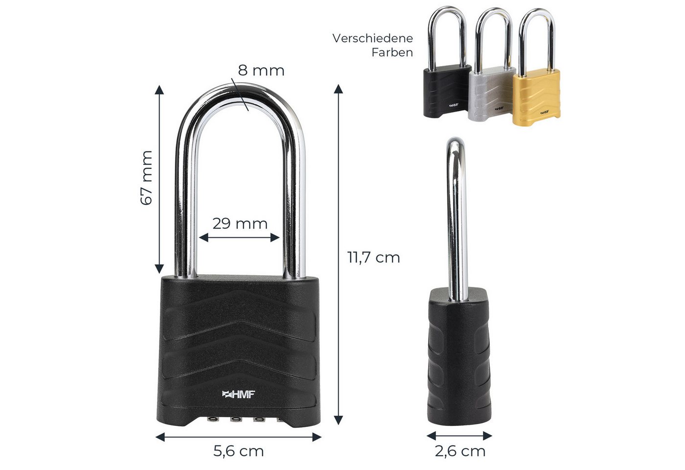 HMF Vorhängeschloss Zahlenschloss Vorhängeschloss mit hohem Bügel, robustes Schloss mit, 4-stelligem Zahlencode Aluminiumlegierung, 5,6 x 2,6 x 11,7 cm Schwarz – Bild 5 von 5