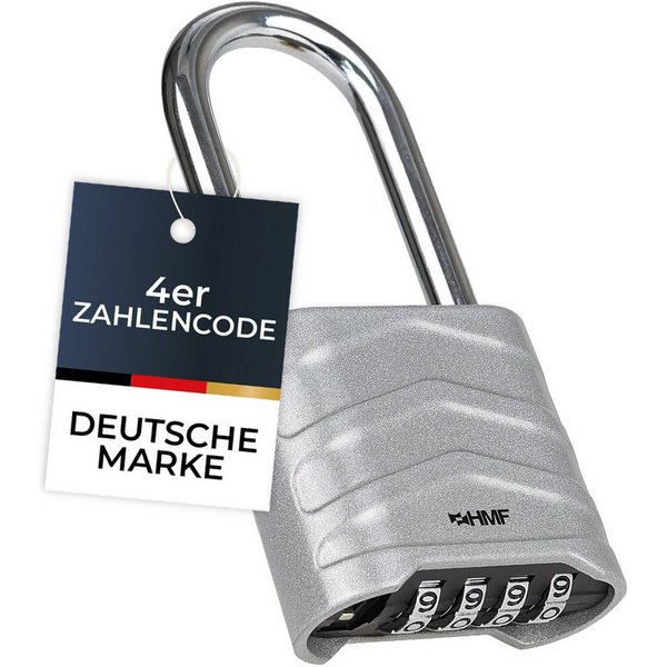 HMF Vorhängeschloss Zahlenschloss Vorhängeschloss mit hohem Bügel, robustes Schloss mit, 4-stelligem Zahlencode Aluminiumlegierung, 5,6 x 2,6 x 11,7 cm, Silber