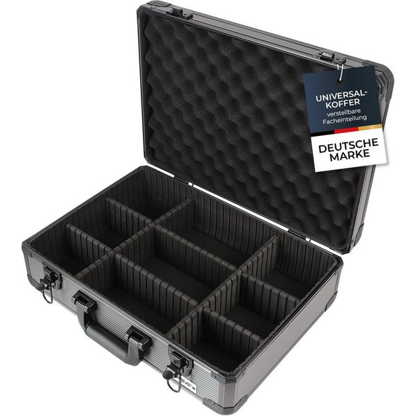HMF Werkzeugkoffer Alu Transportkoffer, Metallkoffer, mit individueller Facheinteilung, 46x15x33 cm, schwarz