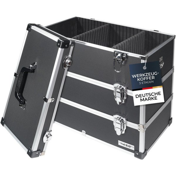 HMF Werkzeugkoffer Geräumiger Utensilien Koffer mit Trennwänden, Transportkoffer, für Werkzeug, Angel Sachen und Kosmetik, 44x45x24 cm, schwarz