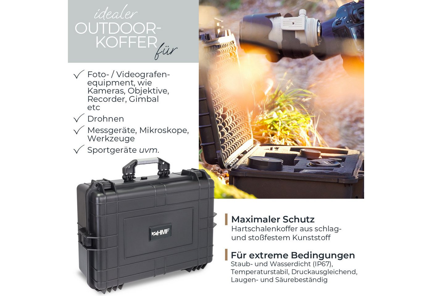 HMF Werkzeugkoffer ODK100 Outdoorkoffer mit Druckausgleichsventil und Rasterschaumstoff, Outdoor-Koffer wasserdicht und staubdicht, 57 x 41,5 x 21,5 cm schwarz – Bild 2 von 5