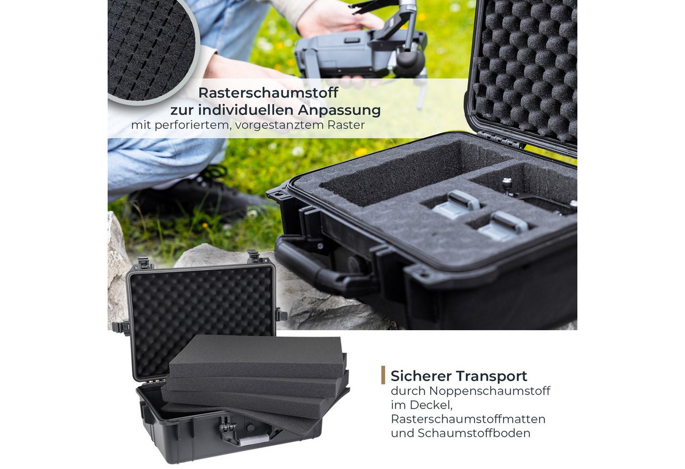 HMF Werkzeugkoffer ODK100 Outdoorkoffer mit Druckausgleichsventil und Rasterschaumstoff, Outdoor-Koffer wasserdicht und staubdicht, 57 x 41,5 x 21,5 cm schwarz – Bild 3 von 5