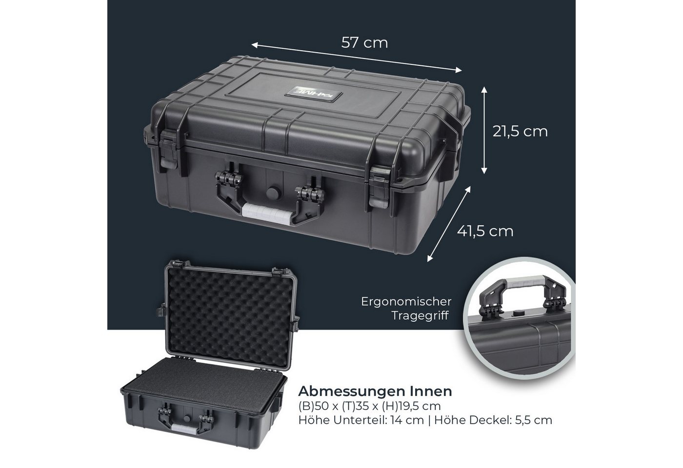 HMF Werkzeugkoffer ODK100 Outdoorkoffer mit Druckausgleichsventil und Rasterschaumstoff, Outdoor-Koffer wasserdicht und staubdicht, 57 x 41,5 x 21,5 cm schwarz – Bild 5 von 5