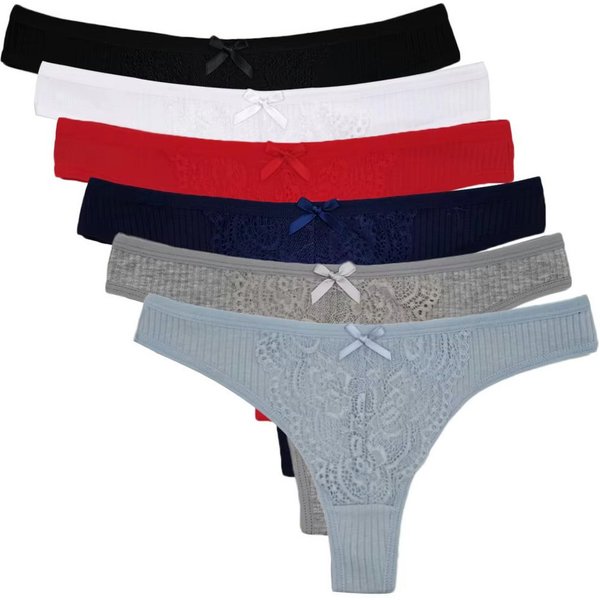 HO-Ersoka Stringtanga Damen Strings Spitze Baumwolle Set 6 Stück Tangas Slips mehrfarbig (6er-Set) aufgesetzte Spitze, Ripp-Strick-Look