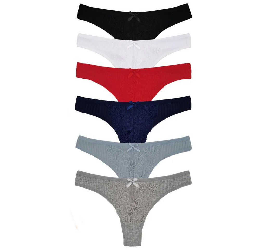 HO-Ersoka Stringtanga Damen Strings Spitze Baumwolle Set 6 Stück Tangas Slips mehrfarbig (6er-Set) aufgesetzte Spitze, Ripp-Strick-Look – Bild 5 von 5
