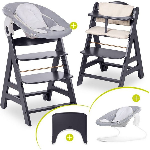 Hauck Hochstuhl Hauck Beta Plus Newborn Set - Dark Grey, Holz Babystuhl ab Geburt mit Neugeborenenaufsatz, Sitzkissen, Essbrett