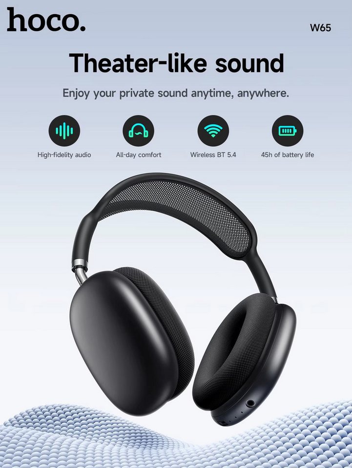 hoco. W65 Plus Kabellose Over-Ear-Kopfhörer Headset mit ANC Bluetooth-Kopfhörer (Bluetooth, Aktive Geräuschunterdrückung, Komfortable Stoff-Ohrpolster) – Bild 2 von 5