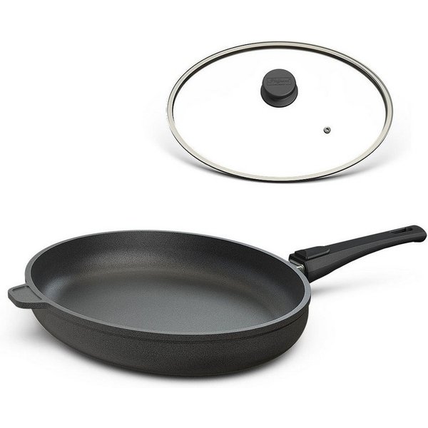 Hoffmann Germany Fischpfanne 38x28 cm mit Deckel, Made in Germany Schnitzelpfanne, Aluguss (Set, 2-tlg., 1x Fischpfanne 38x28 cm + 1x Glasdeckel), abnehmbarer G