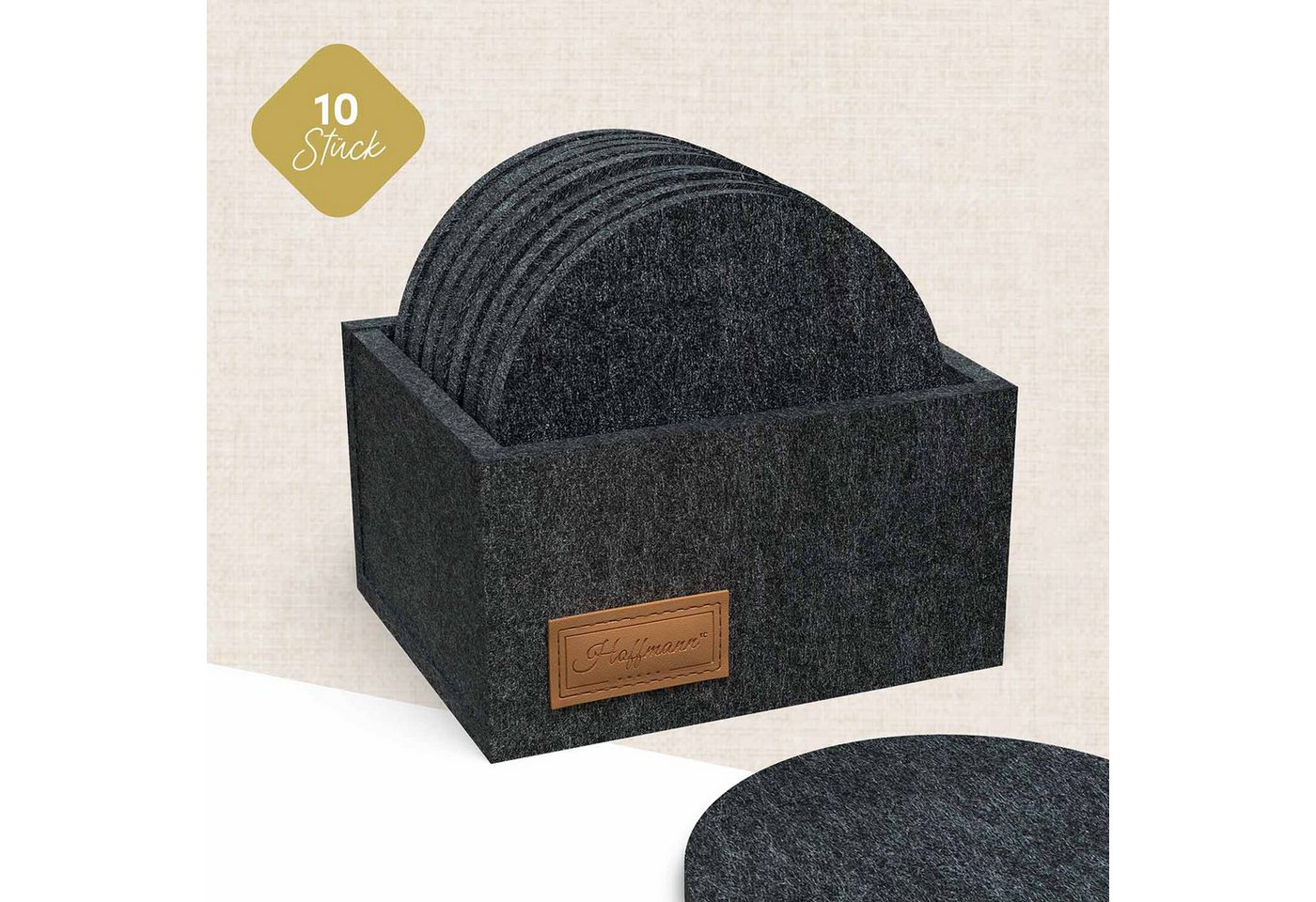 Hoffmann Germany Glasuntersetzer Filz Ø 10 cm, 10er-Set mit Box, anthrazit, hitzebeständig, Zubehör für alle Gläser und Tassen bis Ø 10 cm, Set, 11-tlg., 5 mm F – Bild 3 von 5
