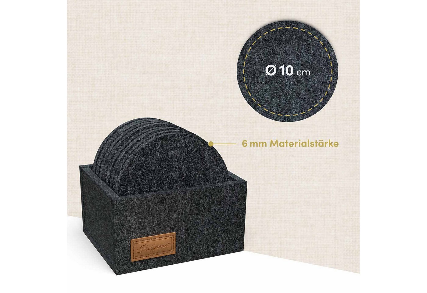 Hoffmann Germany Glasuntersetzer Filz Ø 10 cm, 10er-Set mit Box, anthrazit, hitzebeständig, Zubehör für alle Gläser und Tassen bis Ø 10 cm, Set, 11-tlg., 5 mm F – Bild 5 von 5