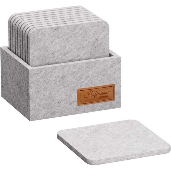 Hoffmann Germany Glasuntersetzer Filz 10×10 cm, 10er-Set mit Box, hellgrau, hitzebeständig, Zubehör für alle Gläser und Tassen bis 10 cm, Set, 11-tlg., 5 mm Fil