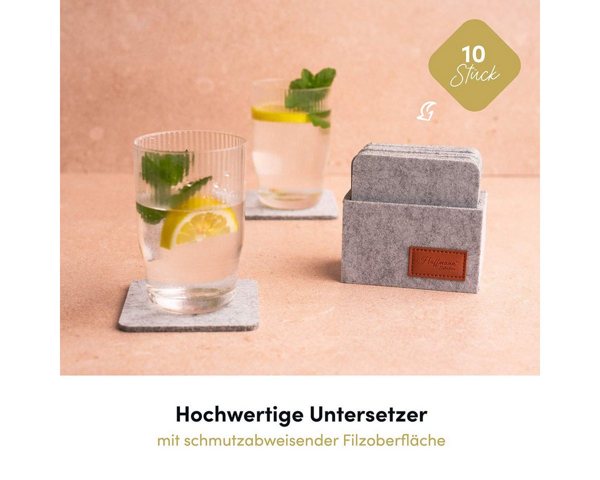 Hoffmann Germany Glasuntersetzer Filz 10×10 cm, 10er-Set mit Box, hellgrau, hitzebeständig, Zubehör für alle Gläser und Tassen bis 10 cm, Set, 11-tlg., 5 mm Fil – Bild 3 von 5