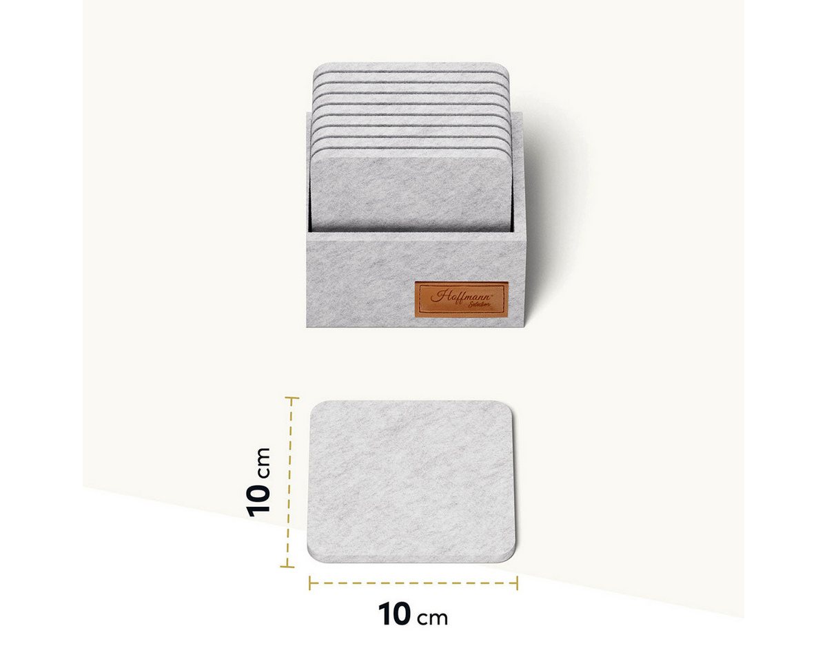 Hoffmann Germany Glasuntersetzer Filz 10×10 cm, 10er-Set mit Box, hellgrau, hitzebeständig, Zubehör für alle Gläser und Tassen bis 10 cm, Set, 11-tlg., 5 mm Fil – Bild 5 von 5