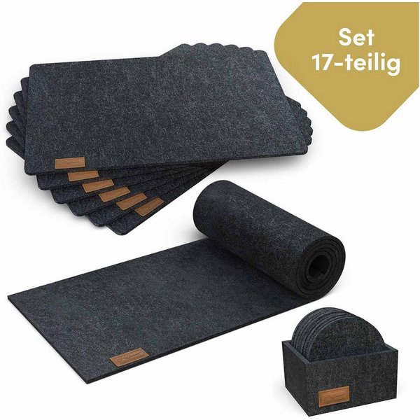 Hoffmann Germany Platzset Tischset Filz 17-tlg., Läufer + Matten + Untersetzer, anthrazit, (Set, 17-St., 1x Läufer 100×30 + 6x Platzset + 10x Untersetzer + Box)