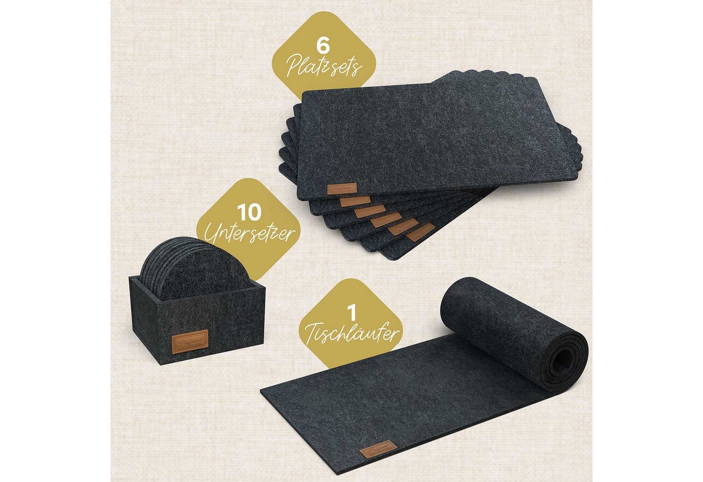 Hoffmann Germany Platzset Tischset Filz 17-tlg., Läufer + Matten + Untersetzer, anthrazit, (Set, 17-St., 1x Läufer 100×30 + 6x Platzset + 10x Untersetzer + Box) – Bild 3 von 5