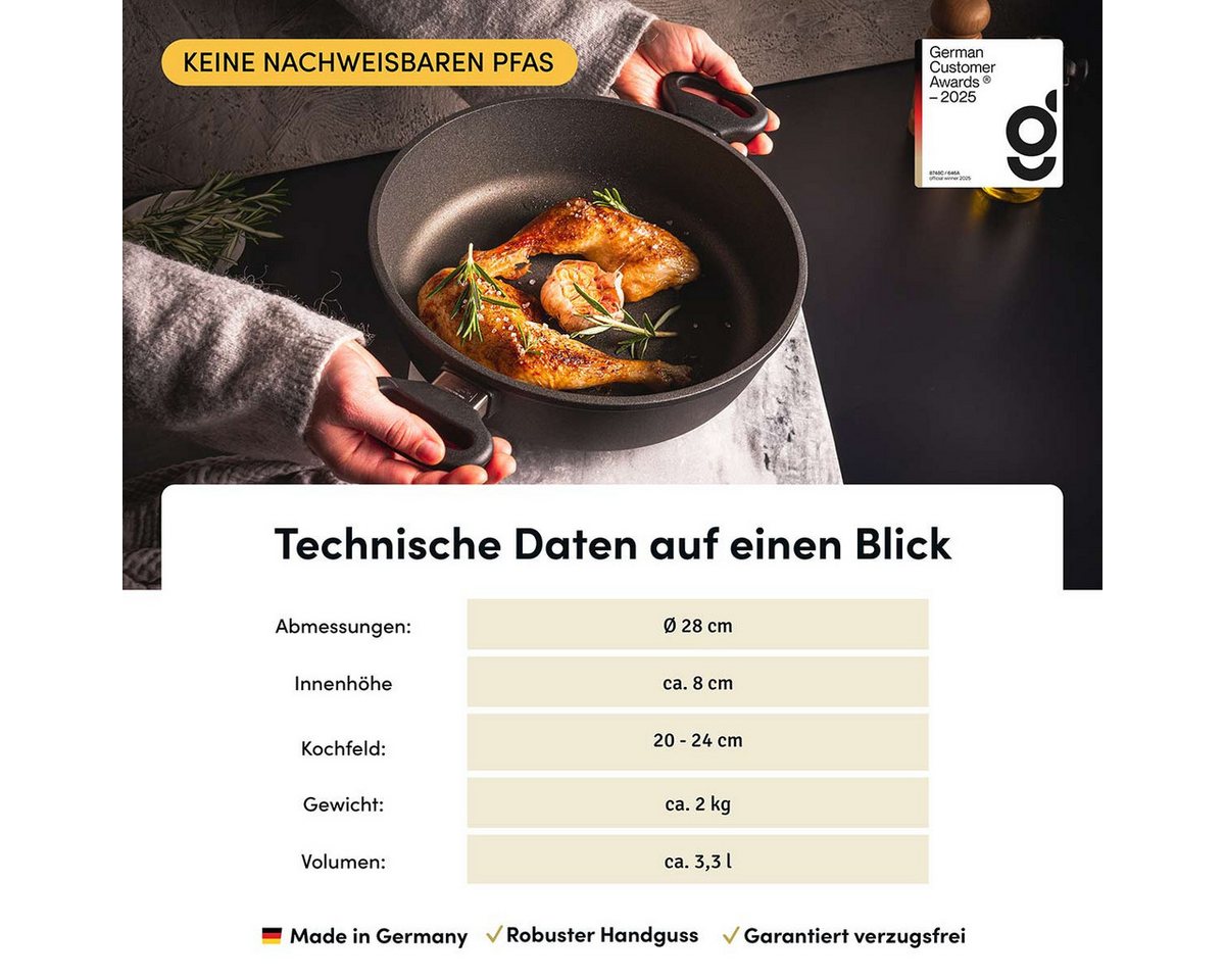 Hoffmann Germany Schmorpfanne Hoffmann STONIQ Bräter rund Ø 28 cm IQ-SHIELD PFAS-frei mit Deckel, Aluguss (Set, 2-tlg., 1x Schmorpfanne Ø 28 cm + 1x Glasdeckel) – Bild 3 von 5