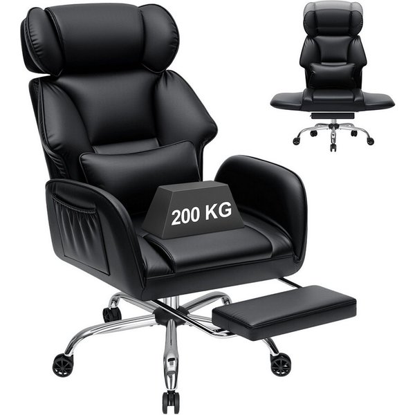 Hoffree Chefsessel Ergonomischer Bürostuhl Schreibtischstuhl Gaming Stuhl 200kg Belastbar (Breiter Sitz, 6cm höhenverstellbare Kopfstütze, 135° neigbar, PU Lede