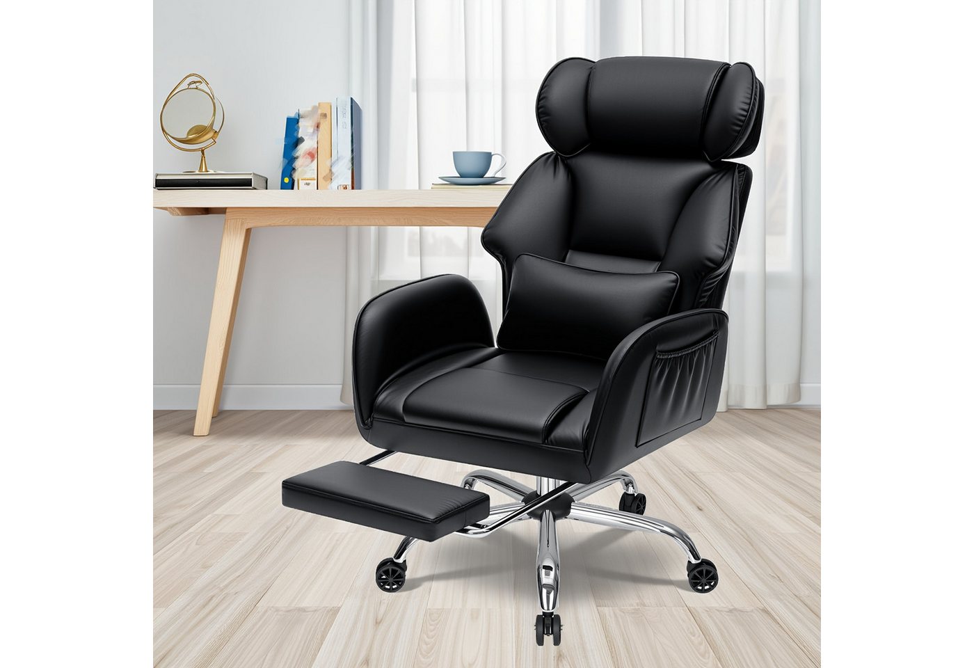 Hoffree Chefsessel Ergonomischer Bürostuhl Schreibtischstuhl Gaming Stuhl 200kg Belastbar (Breiter Sitz, 6cm höhenverstellbare Kopfstütze, 135° neigbar, PU Lede – Bild 2 von 5