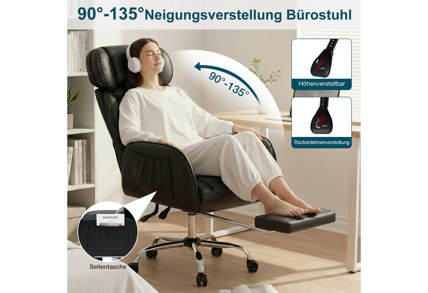 Hoffree Chefsessel Ergonomischer Bürostuhl Schreibtischstuhl Gaming Stuhl 200kg Belastbar (Breiter Sitz, 6cm höhenverstellbare Kopfstütze, 135° neigbar, PU Lede – Bild 4 von 5