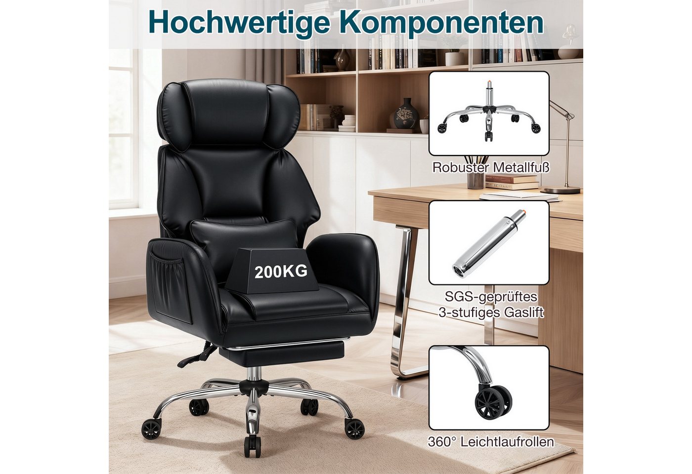 Hoffree Chefsessel Ergonomischer Bürostuhl Schreibtischstuhl Gaming Stuhl 200kg Belastbar (Breiter Sitz, 6cm höhenverstellbare Kopfstütze, 135° neigbar, PU Lede – Bild 5 von 5