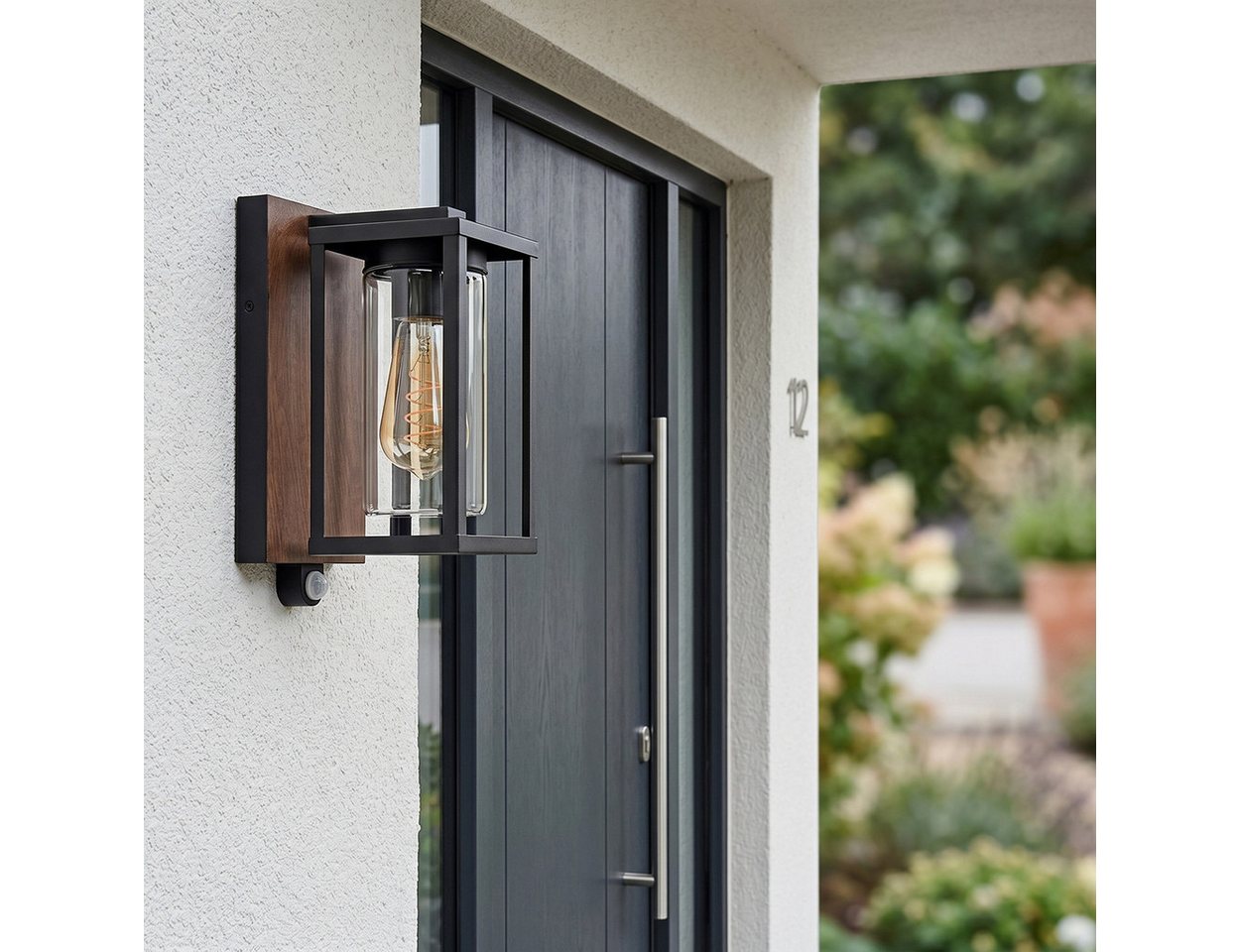 hofstein Außen-Wandleuchte Außenleuchte mit Bewegungsmelder aus Metall/Glas in Schwarz-Braun/Klar, ohne Leuchtmittel, Wandlampe für Terrasse/Hof, 1 x E27, ohne  – Bild 2 von 5