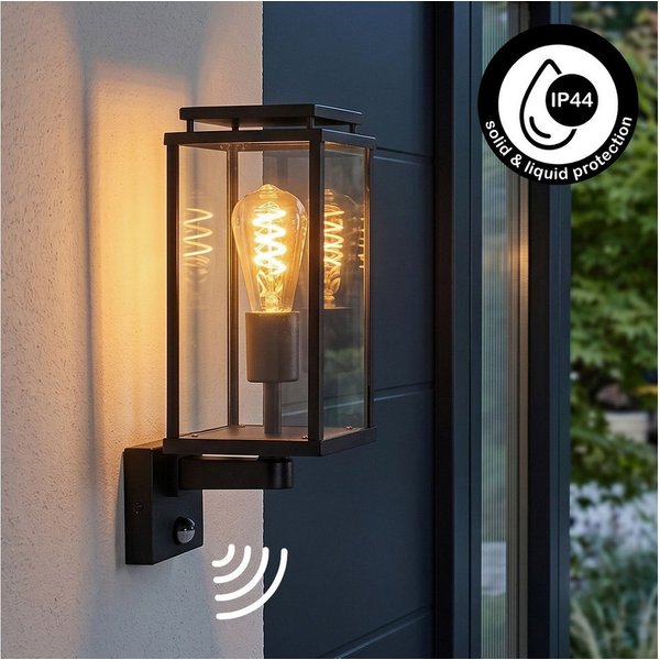 hofstein Außen-Wandleuchte Außenleuchte mit Bewegungsmelder aus Metall/Glas in Schwarz/Klar, ohne Leuchtmittel, Wandlampe für Eingangsbereich/Hof, 1 x E27, ohne