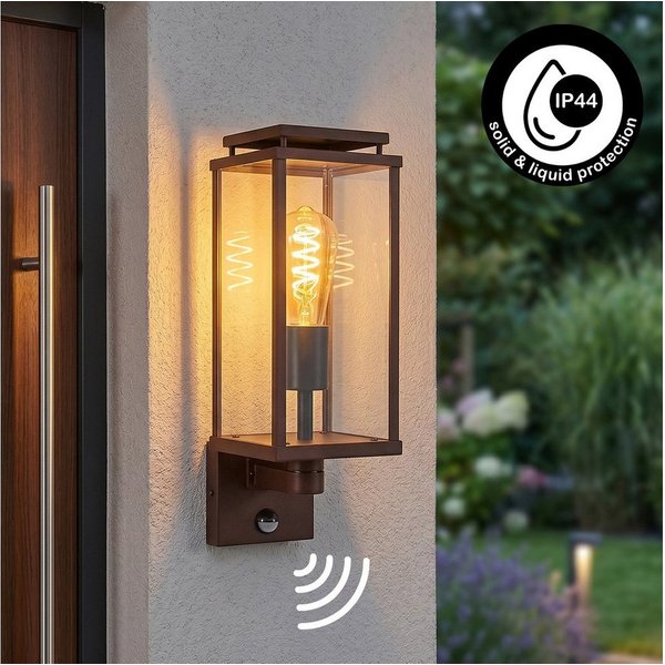 hofstein Außen-Wandleuchte Außenwandlampe mit Bewegungsmelder aus Metall/Glas in Rostfarben/Klar, ohne Leuchtmittel, Leuchte im Industrial-Design für Garten/Ter