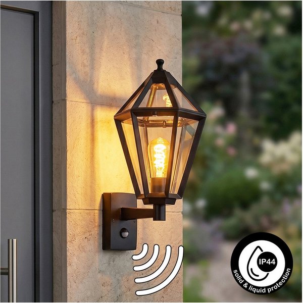 hofstein Außen-Wandleuchte Außenwandlampe mit Bewegungsmelder aus Metall/Glas in Schwarz/Klar, ohne Leuchtmittel