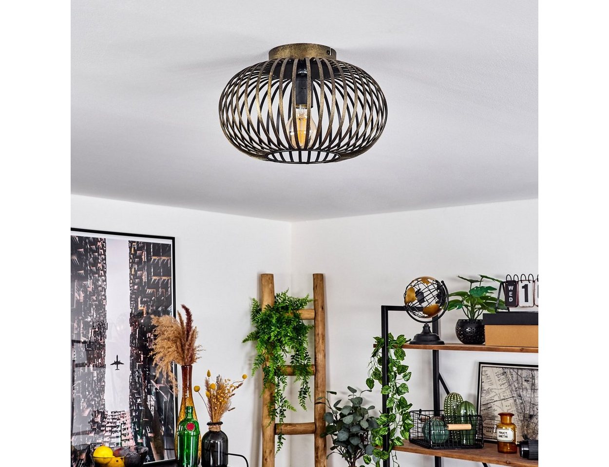 hofstein Deckenleuchte »Aidone« runde Deckenlampe aus Metall in Schwarz/Goldfarben-antik, ohne Leuchtmittel, E27, Leuchte mit Lichteffekt durch Gitter-Optik – Bild 2 von 5
