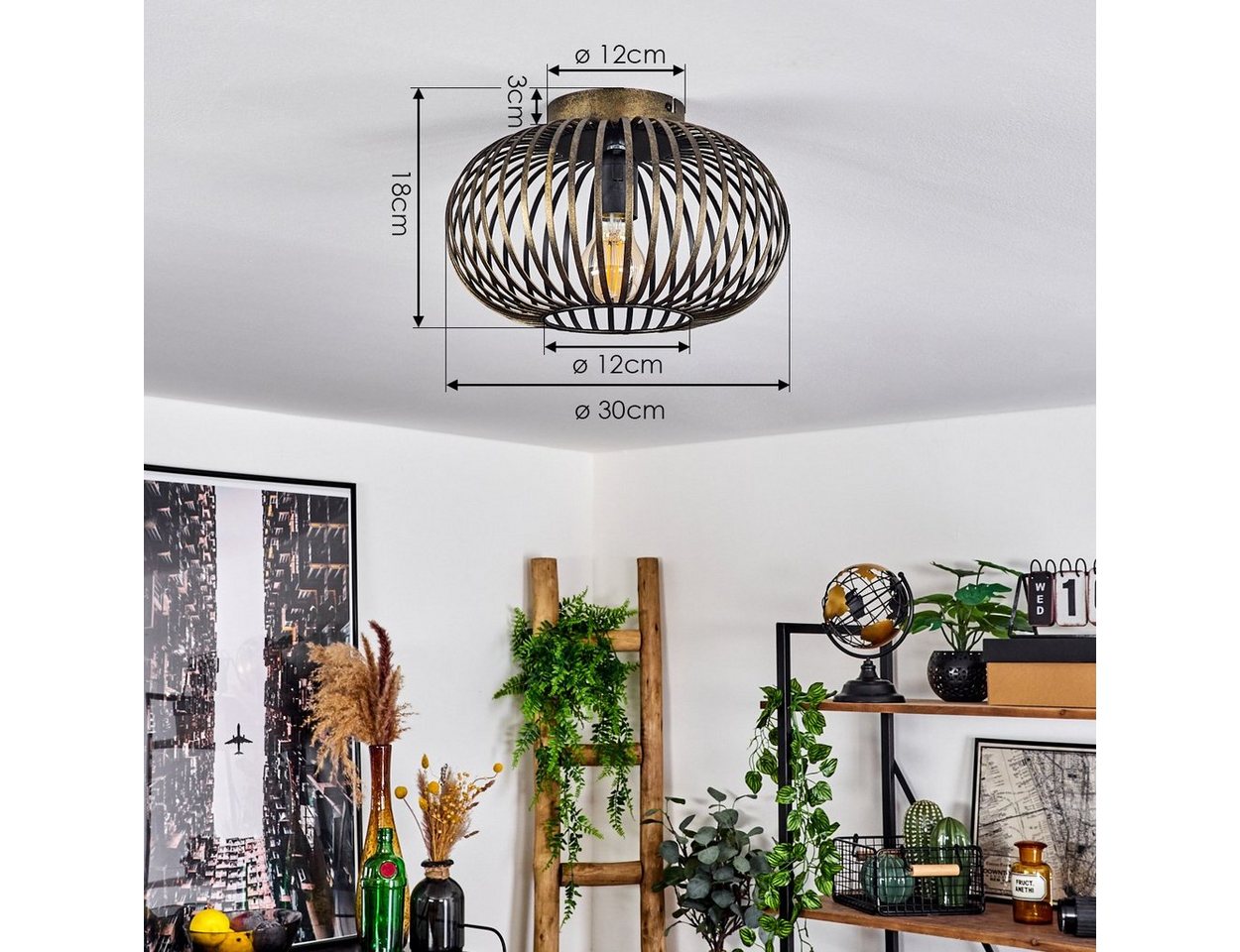 hofstein Deckenleuchte »Aidone« runde Deckenlampe aus Metall in Schwarz/Goldfarben-antik, ohne Leuchtmittel, E27, Leuchte mit Lichteffekt durch Gitter-Optik – Bild 4 von 5