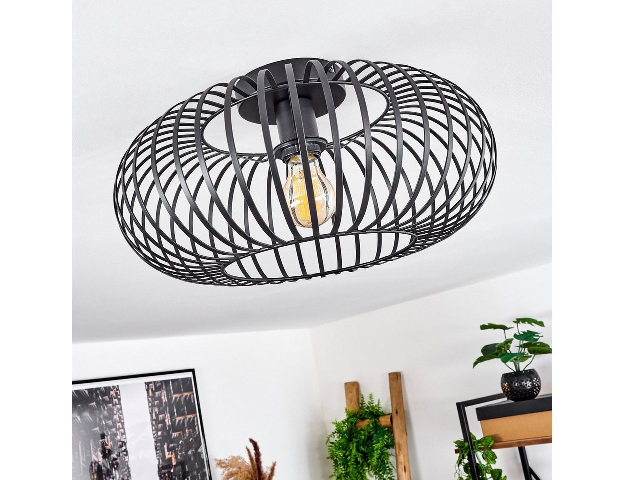 hofstein Deckenleuchte »Aidone« runde Deckenlampe aus Metall in Schwarz, ohne Leuchtmittel, E27, Ø40cm, Leuchte, Retro/Vintage-Design, Lichteffekt, Gitter-Optik – Bild 3 von 5