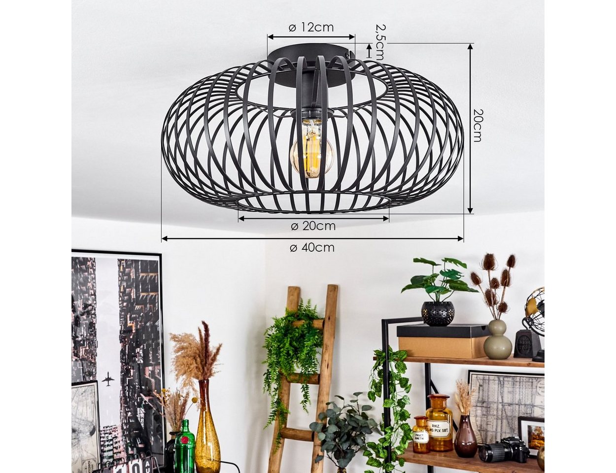 hofstein Deckenleuchte »Aidone« runde Deckenlampe aus Metall in Schwarz, ohne Leuchtmittel, E27, Ø40cm, Leuchte, Retro/Vintage-Design, Lichteffekt, Gitter-Optik – Bild 5 von 5