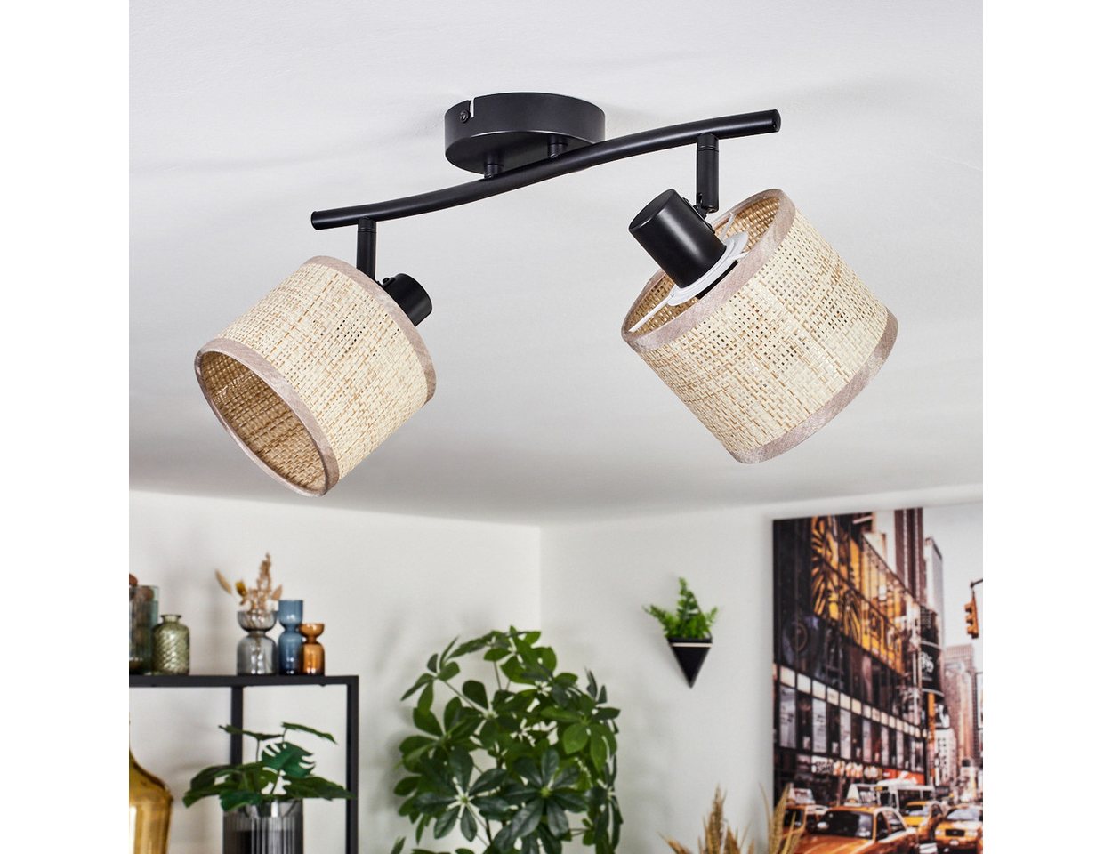 hofstein Deckenleuchte Boho-Style Deckenlampe a. Metall/Papiergeflecht in Schwarz/Natur/Beige, ohne Leuchtmittel – Bild 2 von 5
