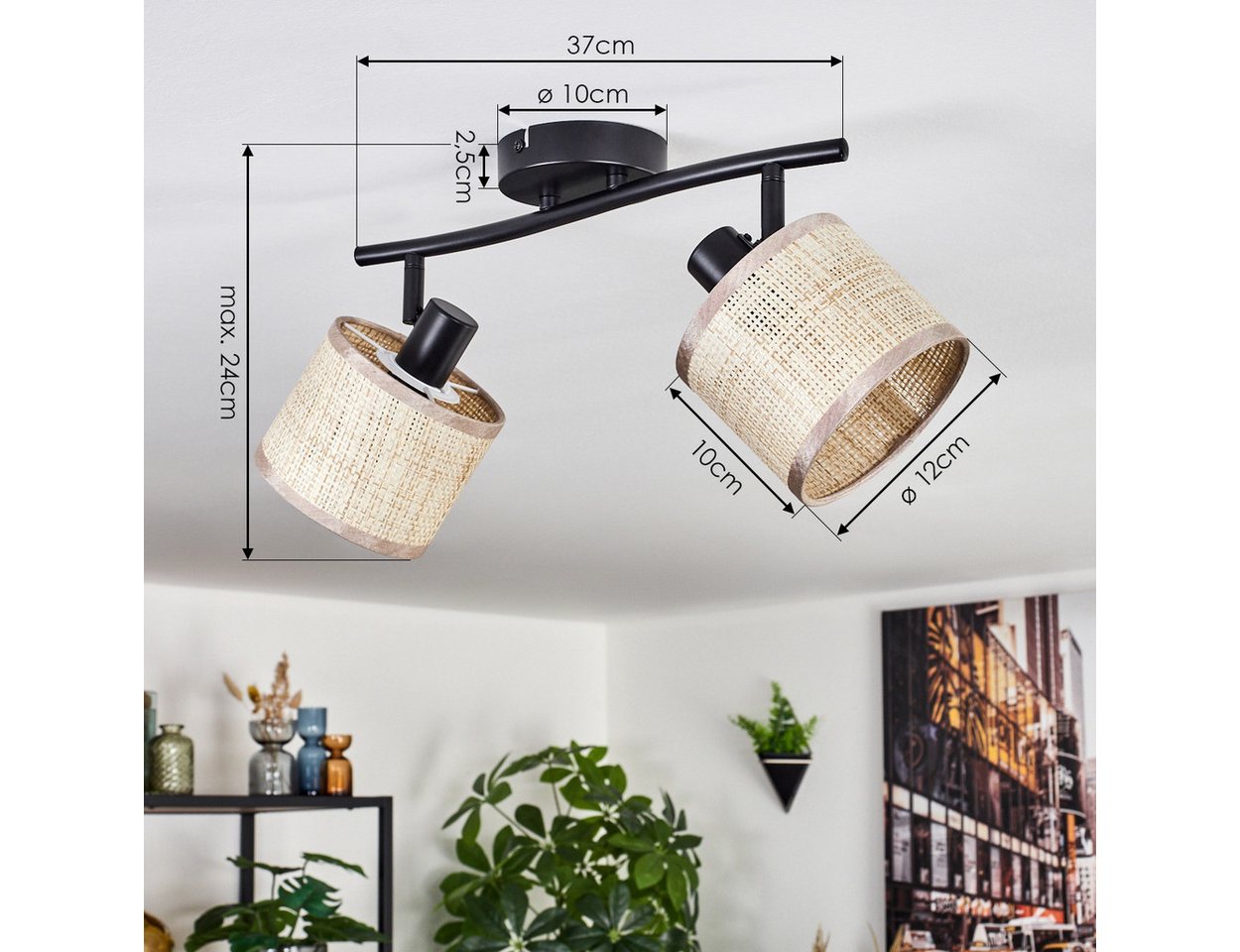 hofstein Deckenleuchte Boho-Style Deckenlampe a. Metall/Papiergeflecht in Schwarz/Natur/Beige, ohne Leuchtmittel – Bild 4 von 5