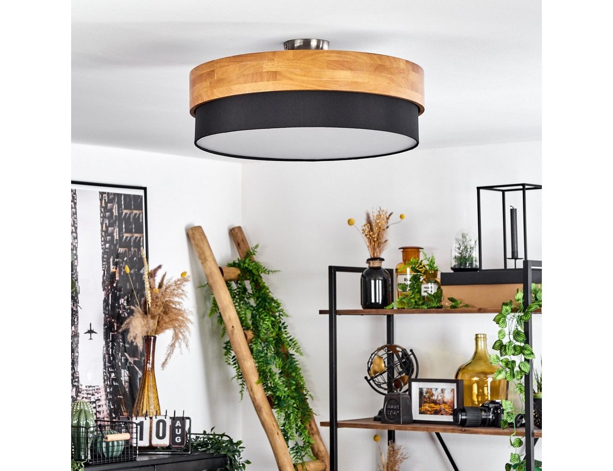 hofstein Deckenleuchte »Campitello« Deckenlampe, Metall/Holz/Stoff, Nickel-matt/Natur, ohne Leuchtmittel, Leuchte im skandinavischen Design, Ø47, 5cm, 3xE27, Sc – Bild 2 von 5