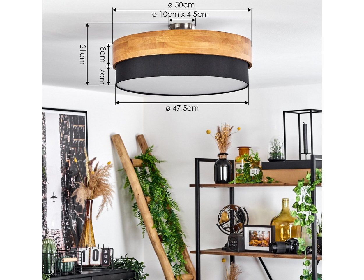 hofstein Deckenleuchte »Campitello« Deckenlampe, Metall/Holz/Stoff, Nickel-matt/Natur, ohne Leuchtmittel, Leuchte im skandinavischen Design, Ø47, 5cm, 3xE27, Sc – Bild 4 von 5