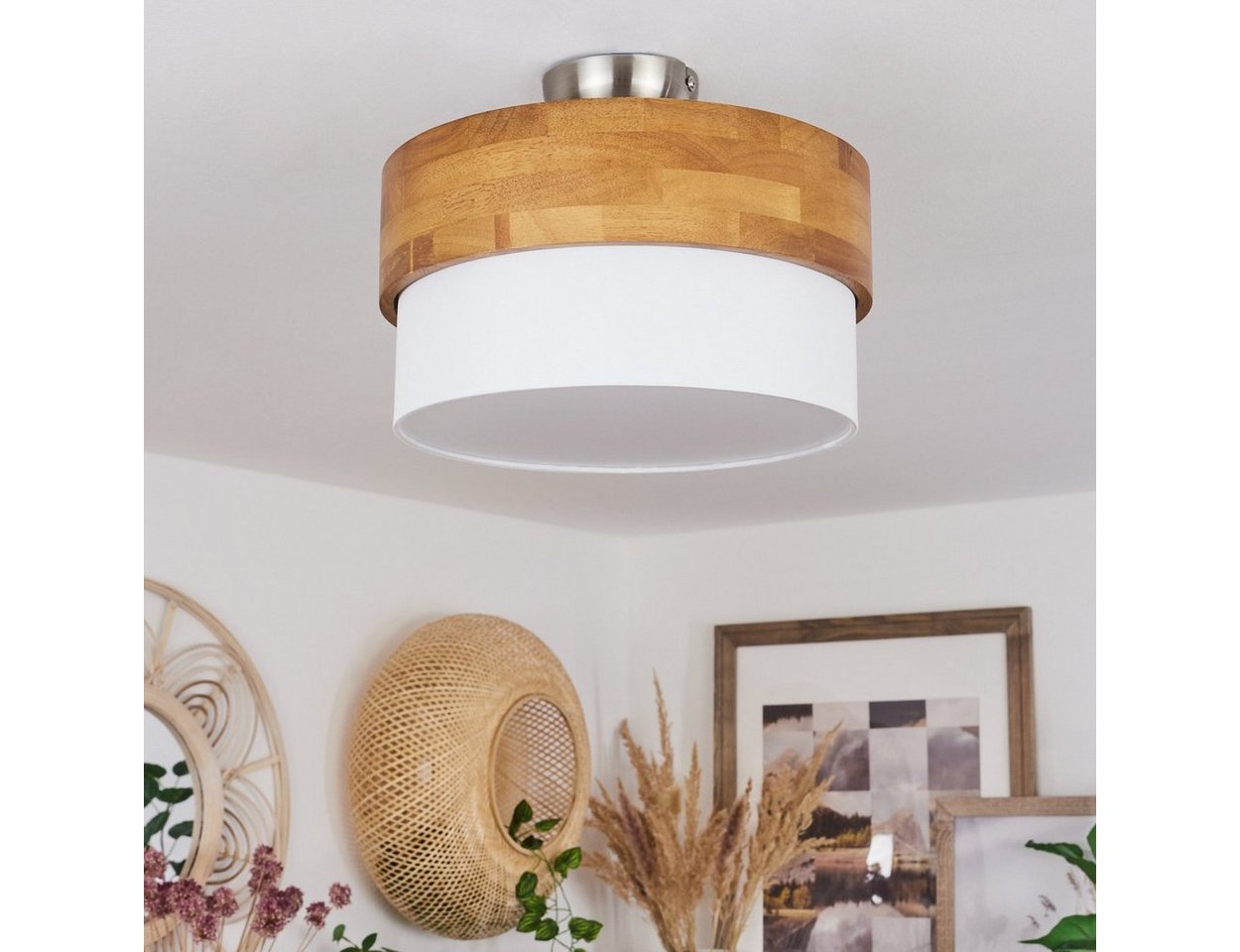 hofstein Deckenleuchte »Campitello« Deckenlampe aus Metall/Holz/Stoff, Nickel-matt/Natur/Weiß, ohne Leuchtmittel, Leuchte im skandinavischen Design, Ø30cm, 2xE1 – Bild 2 von 5